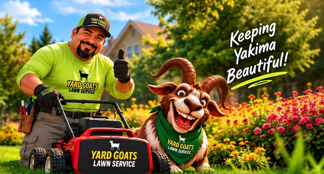Gus mowing a lawn with Don Chivo, the Yard Goats mascot